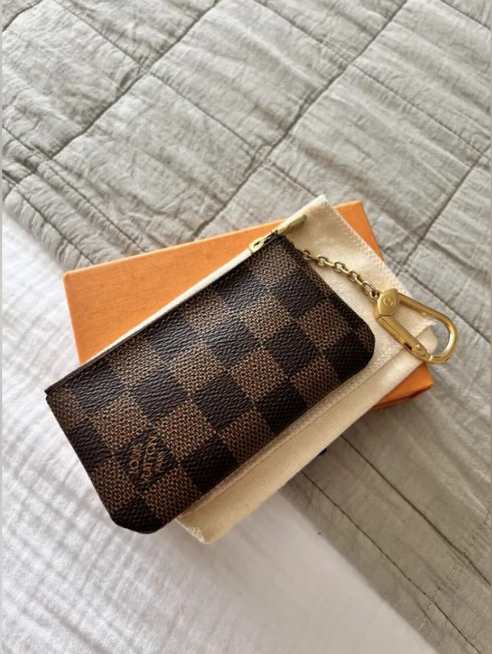 Brown Checkered Key Pouch with Gold Hardware